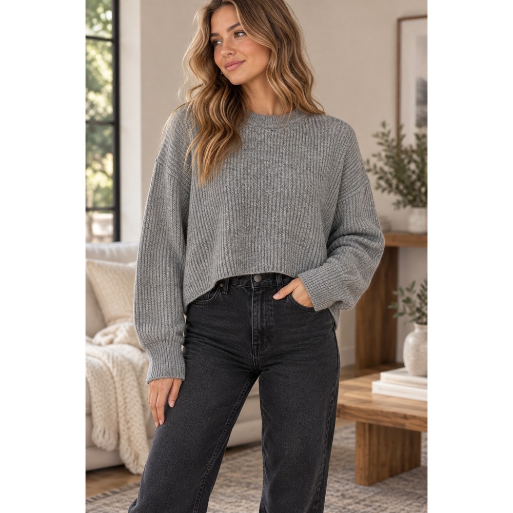 NIA Sweater Womens Small Gray Ariana Crop Oversized Wool Blend Minimalist Boxy